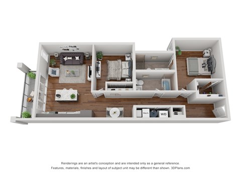A 3D floor plan of a house with labeled rooms.